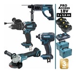 Pack Makita Pro 18V 5Ah: Perceuse 91Nm DHP458 + Meuleuse 125mm DGA504 + Perforateur 2J DHR202 + Visseuse à chocs 165Nm DTD152 +