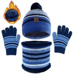 JFAN 3 en 1 Chaud Tricot Bonnet Enfant Hiver Chapeau Echarpe Gants Ensemble Lot de 5 Motifs Rayures Mignonne Multicolore Ski Cap Taille unique Bleu rayé