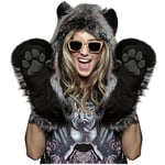 Winter Faux Fur Fluffy Furry Grey Wolf Animal Hood Hat with Ears Scarf Paws Prints Pocket Mittens Gloves 3 in 1 Combo