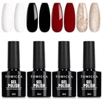 TOMICCA Vernis Gel UV Semi Permanent Rouge Blanc Noir Set, 4 Couleurs Automne Paillettes UV/LED Set de Noël Pour la Conception de Studio D'ongles et de Bricolage à la Maison, 8ml