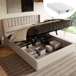 Lit coffre capitonné, lit adulte double avec sommier à lattes, lin - 140x200 cm, beige, matelas inclus