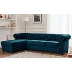 William - canapé chesterfield d'angle gauche - 4 places - en velours - bleu canard