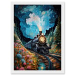 Train Ride to Imagination Land Conceptual Art Oil Painting Dream Journey Railroad Artwork Framed Wall Art Print A4