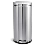 simplehuman CW1810 30L Round Kitchen Pedal Bin, Strong Steel Pedal, Silent Soft Close Lid, Inner Bucket, Stay-Open Lid, Non-skid Base, Slim Profile Hinge, Fingerprint-Proof, Brushed Stainless Steel