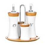 Premier Housewares 1103947 Set à Condiments 4 Pièces Huile/Vinaigre/Sel/Poivre en Bambou/Céramique, Blanc