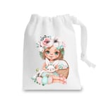 Miammo Vintage illustrated girl with bunny and flowers style 2 (darling spring easter set) stuff sack, capacity of 2.5 Litres, White