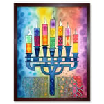 Jewish Menorah Candles Multicolour Folk Art Watercolour Painting Art Print Framed Poster Wall Decor 12x16 inch