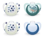 NUK Star Night Tetine pour bébé | 6-18 mois | Apaise 99 % des bébés | Sucettes en silicone sans BPA | Brille dans le noir pour la retrouver la nuit | Crocodile | Lot de 4