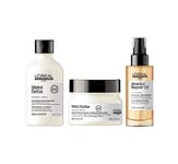 L'Oréal Professionnel, Shampoing Anti-Métal + Masque Protecteur Anti-Dépôt + Huile de Finition 10-en-1, Cheveux Colorés & Décolorés, Metal Detox + Absolut Repair, SERIE EXPERT, 300 ml + 250ml + 90ml