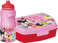 Disney Set bouteille 380 ml et boîte à sandwich rose pour enfants en plastique Minnie avec bande antidérapante et verrou de sécurité