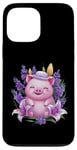 Coque pour iPhone 13 Pro Max Cochon en style dessin animé kawaii avec lavande et lys