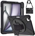 Coque Antichoc Pour Ipad Air 11"" M2 2024/Air 5è/Air 4è/Ipad Pro 11 (4è/3è/2è/1è), Étui Armure Robuste Avec Support Rotatif, Dragonne Et Bandoulière, Porte-Stylet, Housse Pour Ipad Air 6è, Noir.[G737]