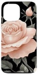 Coque pour iPhone 13 Pro Max Roses rose pâle et feuilles vert foncé sur fond noir