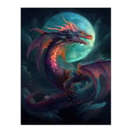 Full Moon Dragon Oil Painting Blue Purple Fantasy Creature Dancing In The Clouds Colourful Magical Nature Mystical Modern Unframed Wall Art Print Post