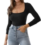 LACOZY Women Black Long Sleeve Bodysuit Scoop Neck Slim Fitted Basic Soft Shirts Sleeveless Body Suit Top Black S