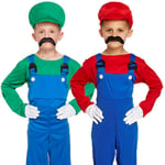 Super Workman Kids Fancy Dress Mario Luigi Boys Girls Video Game Plumer Costumes