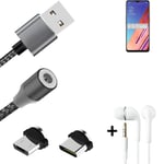 Câble de données + écouteurs pour Oppo Reno3 Vitality Edition a. USB de type 