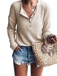 WNEEDU Pull Femme à Manches Longues en Tricot Gaufré Tunique T-Shirt Chemise Henley Décontracté Col V avec Boutons