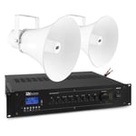Power Dynamics Outdoor Horn Speakers with 100v 5 Channel Mixer Amplifier PA System (2x HSR30)