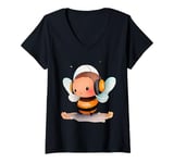 Womens Adorable Bee Headphones Music Lover V-Neck T-Shirt