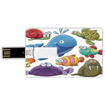 32G USB Flash Drives Credit Card Shape Whale Memory Stick Bank Card Style Group of Underwater Animals Sea Otter Slug Snail Summer Day Art Illustration,Blue Purple Green Waterproof Pen Thumb Lovely Jum