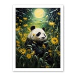 Artery8 Midsummer Night's Panda Dream Oil Painting Panda Bear in a Full Moon Sunflower Field Landscape Kids Bedroom Artwork Framed Wall Art Print 18X24 Inch