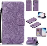 Portefeuille Coque Pour Samsung Galaxy S10e Smartphone Magnétique Pu Cuir Etui Rabat Avec Fente Pour Carte Et Dragonne Dentelle Fleur Motif - Pourpre