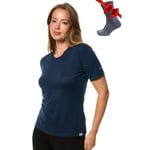 Merino.tech T Shirt Merinos Femme - Laine Merinos Chemise Femme + Chaussettes de randonnée en Laine mérinoss (Medium, Navy Crewneck)