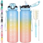 CodiCile 1L Water Bottle with Straw,Water Bottle Dishwasher Safe,Leak-proof Sports Drinks Bottle with Time Maker & Bottle Brush,Non-Toxic for Running,cycling, Gym, School & Office,Blue Yellow Pink