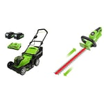Greenworks Lawnmower, 2x 24 V 41 cm Cutting Width Mower Up to 220 m² with 50L Grassbag 6 Adjustable Central Cutting Heights + 24V 56 cm Hedge Trimmer with Rotating Handle + 2x24V 2Ah Battery + Charger