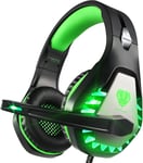 [2024 Nouveau Casque de Jeu pour PC, PS4, PS5, Xbox One, Xbox Series X, Casque de Jeu à Suppression de Bruit de 3,5 mm avec Microphone, lumières LED et Cache-Oreilles à mémoire Douce(Vert)