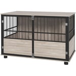 Cage pour chien animaux style industriel - porte coulissante verrouillable - acier noir panneaux aspect bois