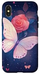 Coque pour iPhone X/XS Rose et papillon mignon sur fond bleu