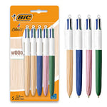 BIC 4 Couleurs Wood Effect, Stylo 4 Couleurs, Encre Bleue, Noire, Rouge et Verte, Effet Bois, Pointe Moyenne (1 mm), Lot de 5