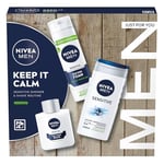 NIVEA MEN Keep It Calm Gift Set (3 Products), Men's Skincare Gift Set for Sensitive Skin with Shower Gel, Shaving Foam, and Post Shave Balm