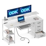 ODK Bureau avec 4 Tiroirs, Bureau d'ordinateur avec Prise de Charge USB et Prise de Courant, Bureau Gaming Bureau Informatique avec Étagères Réglable pour Domicile (Blanc,140x52x92cm)