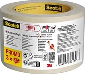 Scotch Utility Masking Tape, Promo Pack of 3 Rolls, 30 mm x 50 m, Beige - Painters Masking Tape for Indoor Painting and Decorating, 70% PEFC