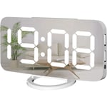 Digital väckarklocka, stor spegel LED-klocka, snooze, dim nattlampa 2 USB-laddningsportar skrivbordsväckarklockor för sovrumsdekor (vit)