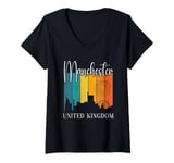 Womens Manchester Skyline Sunset English Souvenir United Kingdom V-Neck T-Shirt