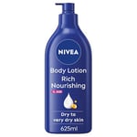 NIVEA Rich Nourishing Body Lotion (625ml), Rich 72H Hydration NIVEA Moisturiser for Dry Skin Made with Deep Moisture Serum and Almond Oil, Extra Large NIVEA Body Lotion