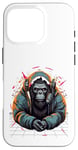 Coque pour iPhone 16 Pro DJ rave à capuche gorille avec casque gamer professionnel