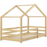 Décoshop26 - Lit cabane pour enfant forme de maison avec barrière de sécurité en bois de pin couleur naturel 70 x 140 cm