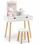 Coiffeuse pour Enfants 3-7ans avec Tabouret, Bureau 2 en 1 avec Miroir Amovible et 2 Tiroirs, Table de Maquillage Princesse, Capacité de Charge