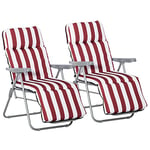 Outsunny Lot de 2 Chaise Longue Bain de Soleil Adjustable Pliable transat lit de Jardin en Acier Rouge + Blanc