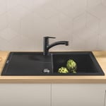 GROHE Kitchen Set of Start QuickFix Pull-Out Tap & K400 Sink – (Granite Black Quartz Composite Kitchen Sink with Drainer 1000x500mm, Matt Black Dual Spray Kitchen Tap 185 mm with 3/8 Inch Tails)