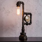 Iron lamp Lighting Vintage Industrial Wrought Iron Metal Table Lamps E27 Water Pipe Table Lights Bedside Rustic Steampunk Desk Accent Lamps for Living Room Bedroom Cafe Bar with Clock Home Decoration