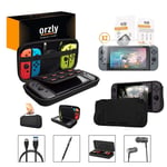 Nintendo Switch Accessoire, Orzly Ultimate Pack Pour Nintendo Switch [Pack Comprenant: Protecteurs D'écran En Verre Trempé, Câble Type C, Housse (Étui Rigide Pour Console), Coque Comfort Grip Case, Écouteur, Stylo, Boite De Jeux] Noir