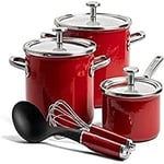 KitchenAid Steel Core Enamel Batterie de cuisine 8 pièces avec couvercles, émail d'ingénierie allemande, induction, va au four, lave-vaisselle, Rouge Empire