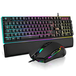 RedThunder K10 Ensemble Gaming Clavier et Souris Gamer Usb, AZERTY FRANÇAIS + Repose-Poignets, Clavier Anti-Ghosting Rétroéclairé RVB et 7200 DPI avec Souris Ergonomique pour Les Joueurs (Noir)