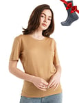 Merino.tech T Shirt Merinos Femme - Laine Merinos Chemise Femme + Chaussettes de randonnée en Laine mérinoss (Small, Camel Crewneck)